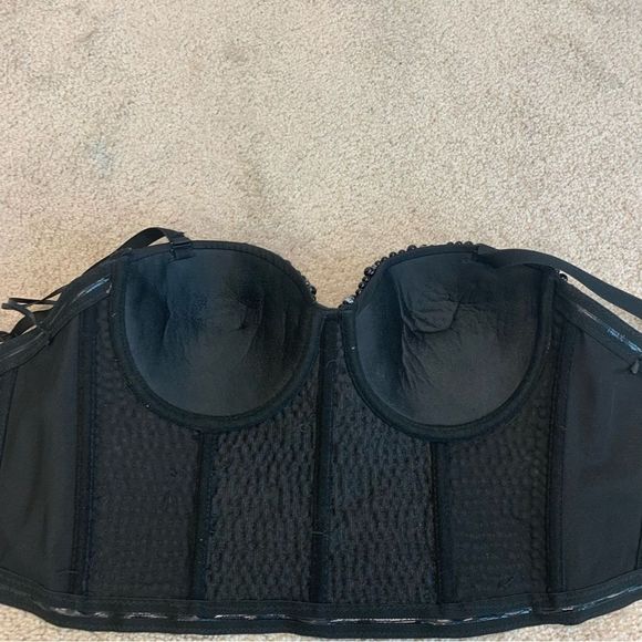 BLACK faux pearl chrome rhinestone embellished bustier corset crop top Sz L - Picture 7 of 11